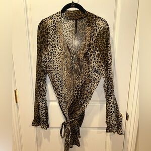 Kay Celine Embellished Animal Print Blouse with Elastic Waist Band Size Large